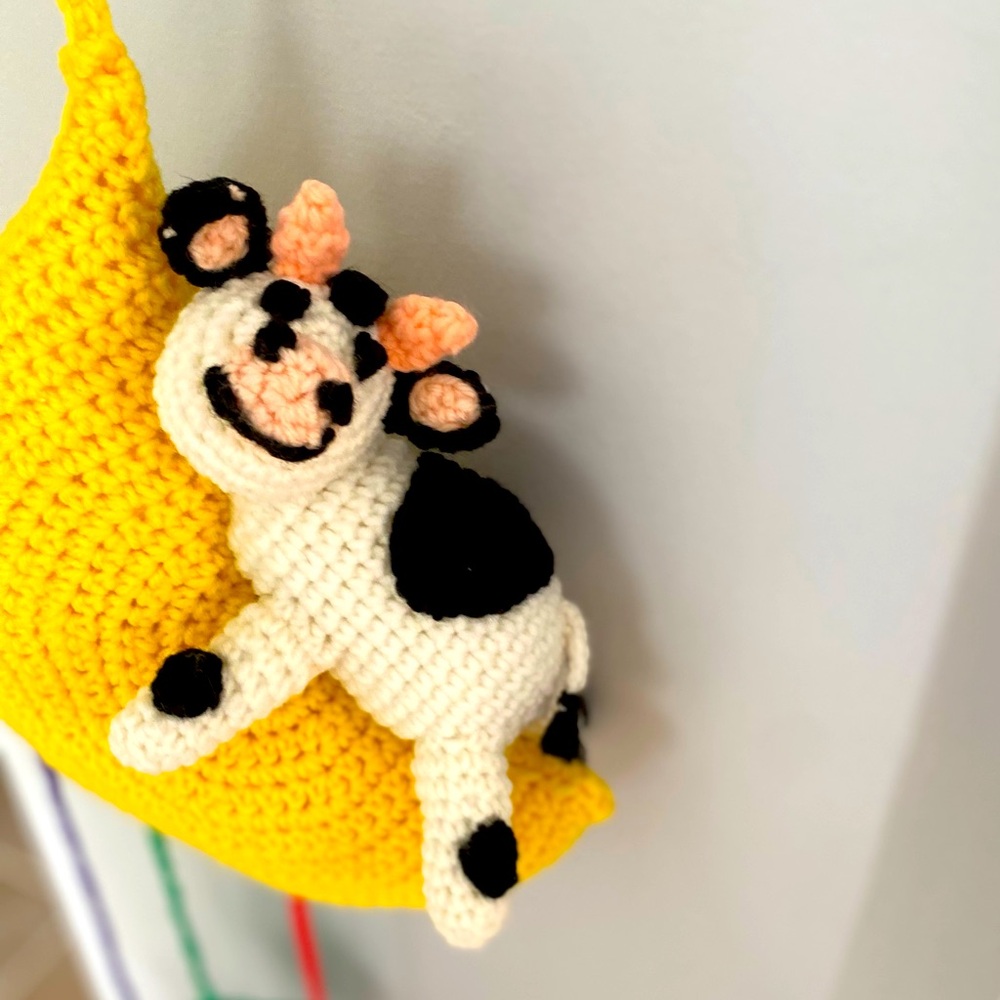 Handmade crochet Cow jumped over the moon crib mobile